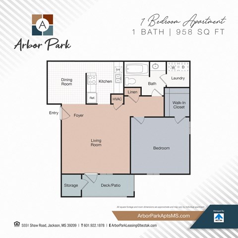 1 bed 1 bath floor plan at Arbor Park Apartments, Mississippi